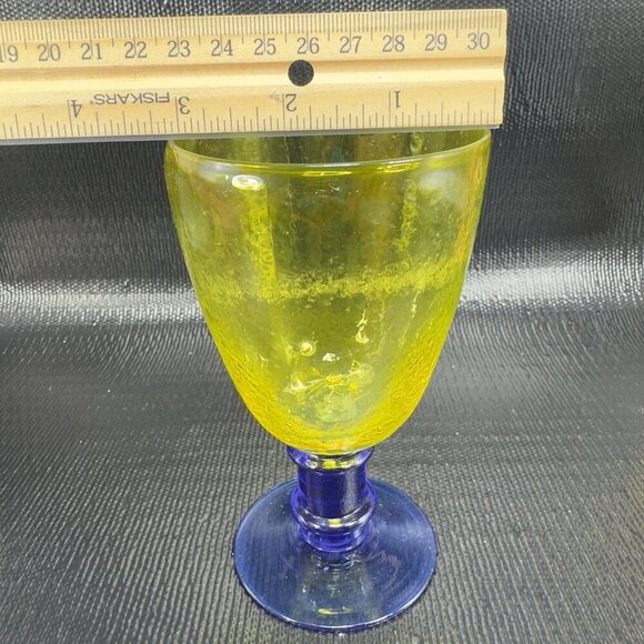 Cadmium UV Glowing Glass Goblets Cups Set 2 Yellow Top Blue Stem Textured Cups - Picture 5 of 16